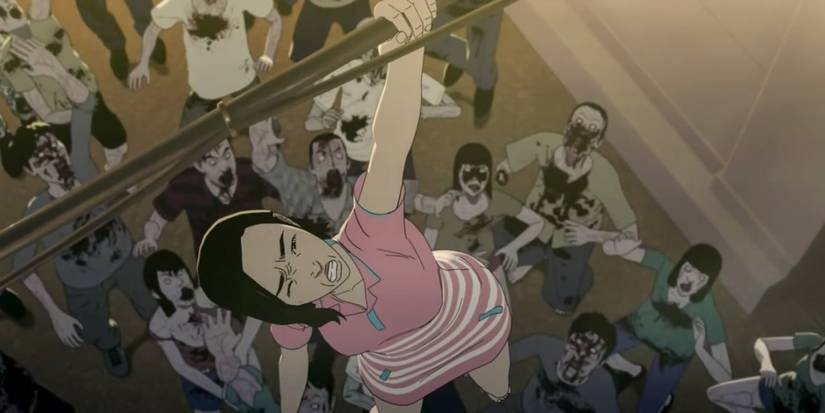 Hye-sun dangles above a zombie horde in Seoul Station.
