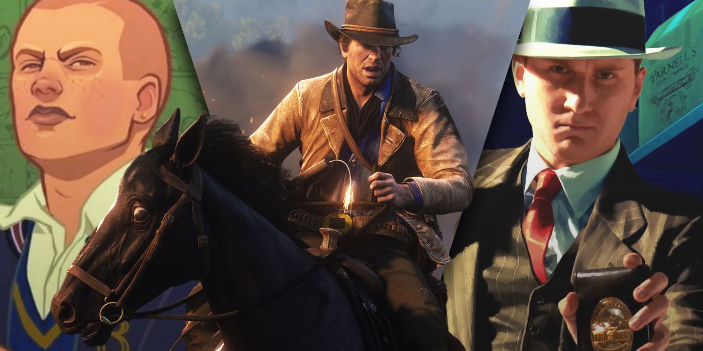 split image of Bully, Red Dead Redemtion 2, and LA Noire