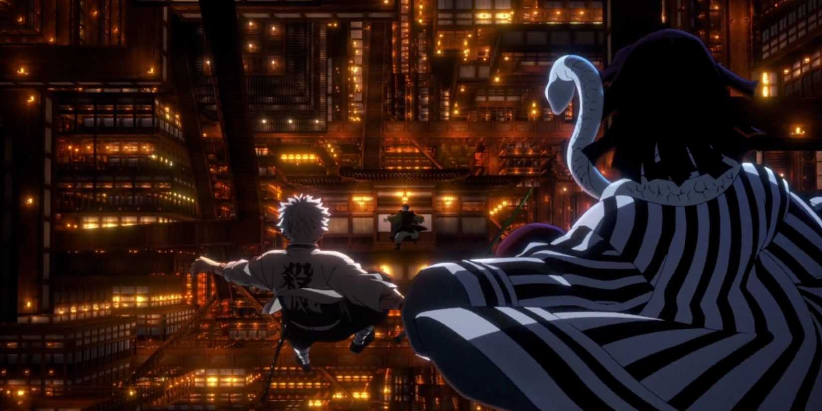 The backs of Obanai Iguro, Sanemi Shinazugawa and Gyomei Himejima are shown as they fall into the Infinity Castle in Demon Slayer.