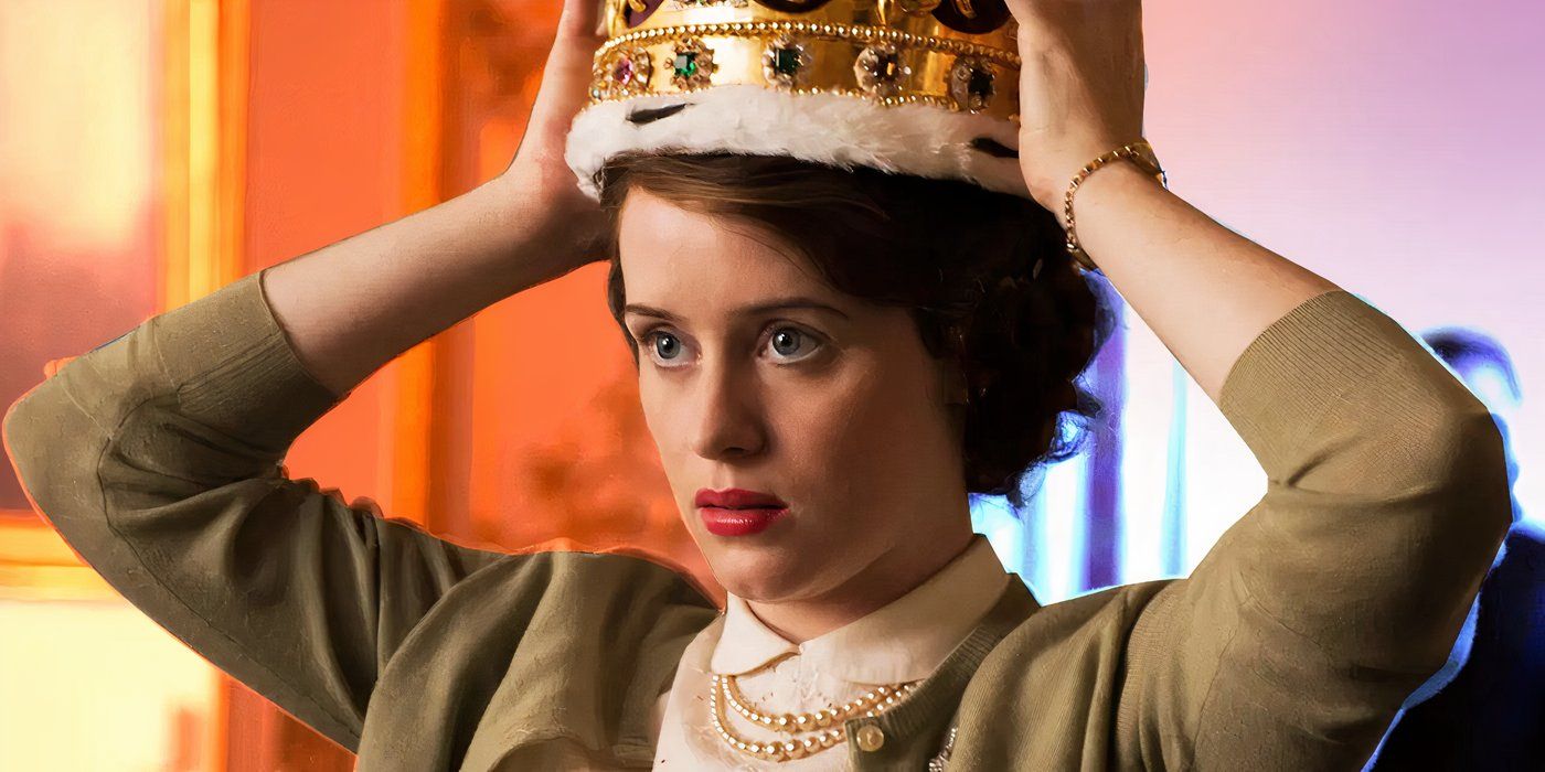 Elizabeth (Claire Foy) trying her crown in the crown