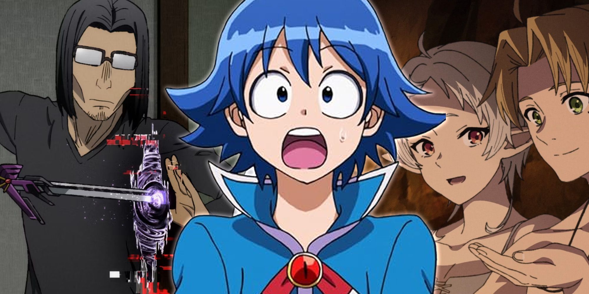 Three-way split image of Uncle from Another World, Iruma-Kun and Mushoku Tensei