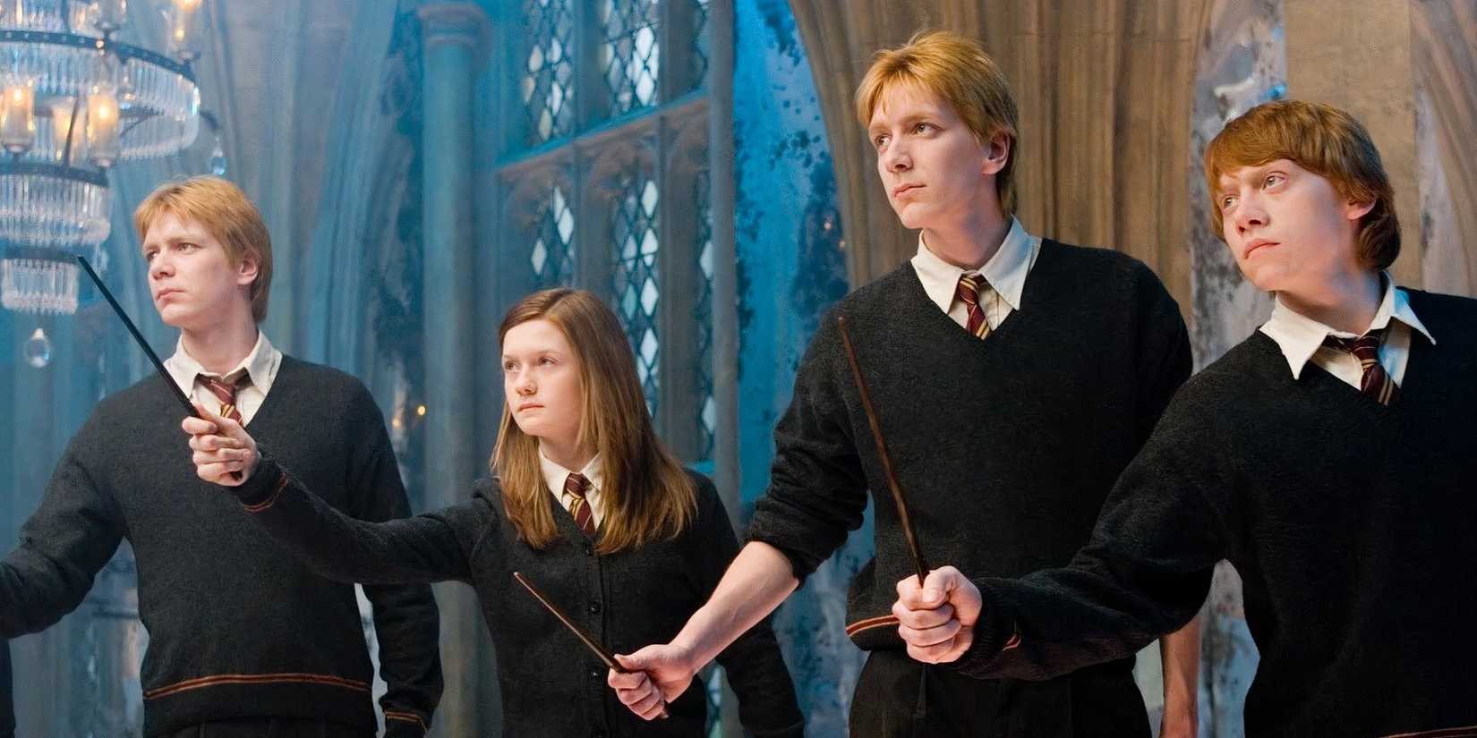 The Weasleys are lined up with their wands in Harry Potter and the Order of the Phoenix.