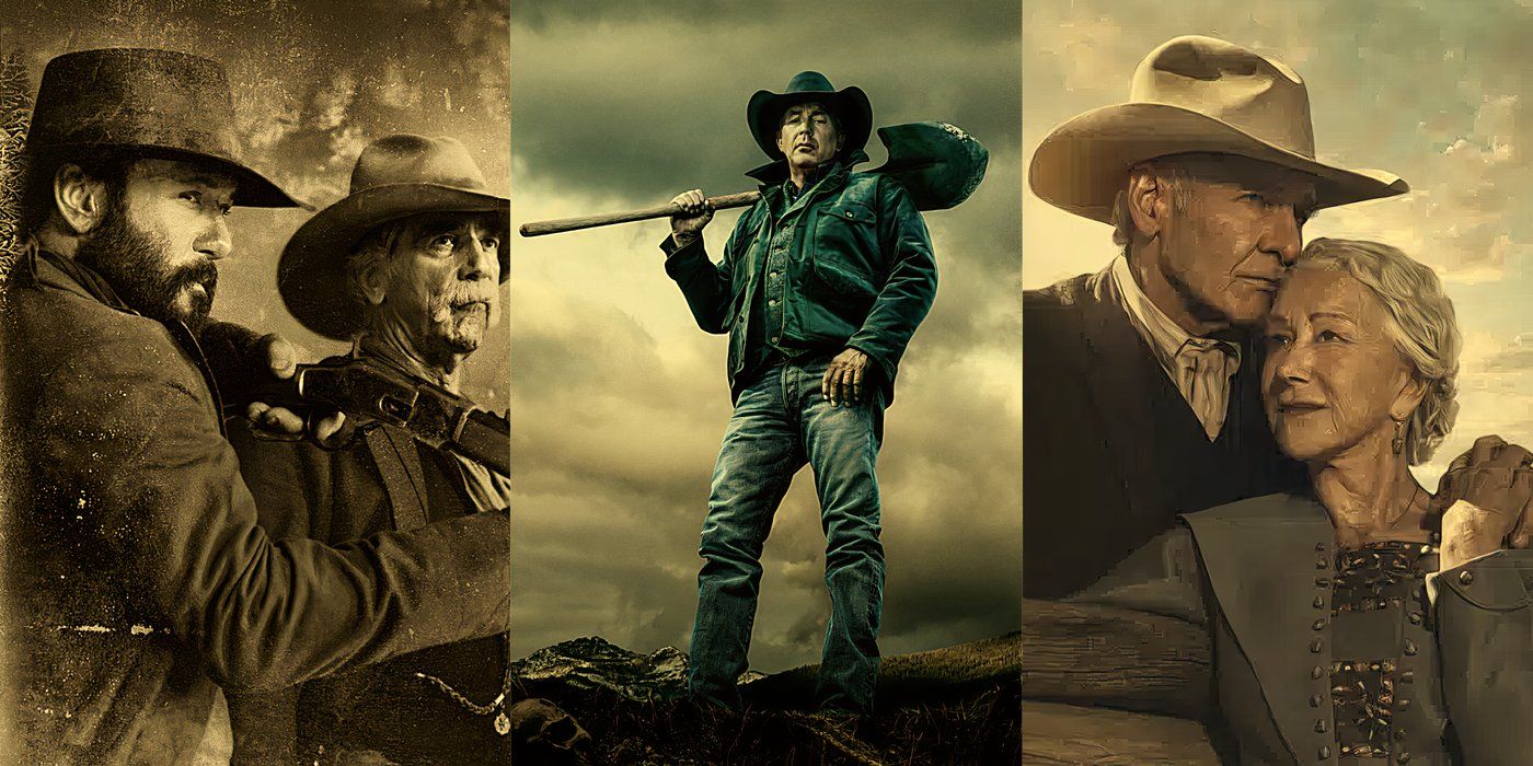 Official posters of Yellowstone, 1883 and 1923 with stars Kevin Costner, Harrison Ford, Helen Mirren, Tim McGraw and Sam Elliot.