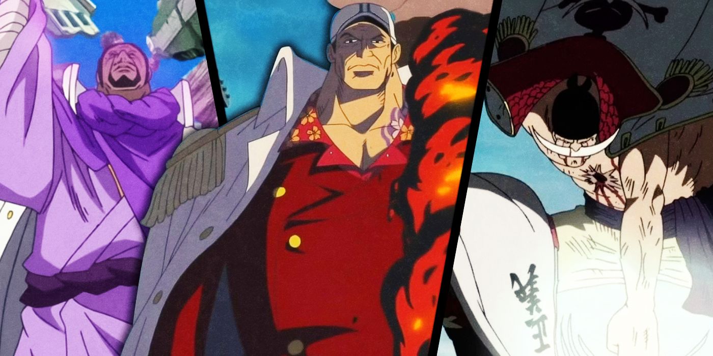 Marine Admiral Fujitora using his Press-Press fruit, Admiral Akainu using the Magma-Magma fruit and Whitebeard using the Tremor-Tremor fruit in One Piece