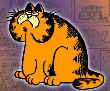 Early design for Garfield with comic strips in the background