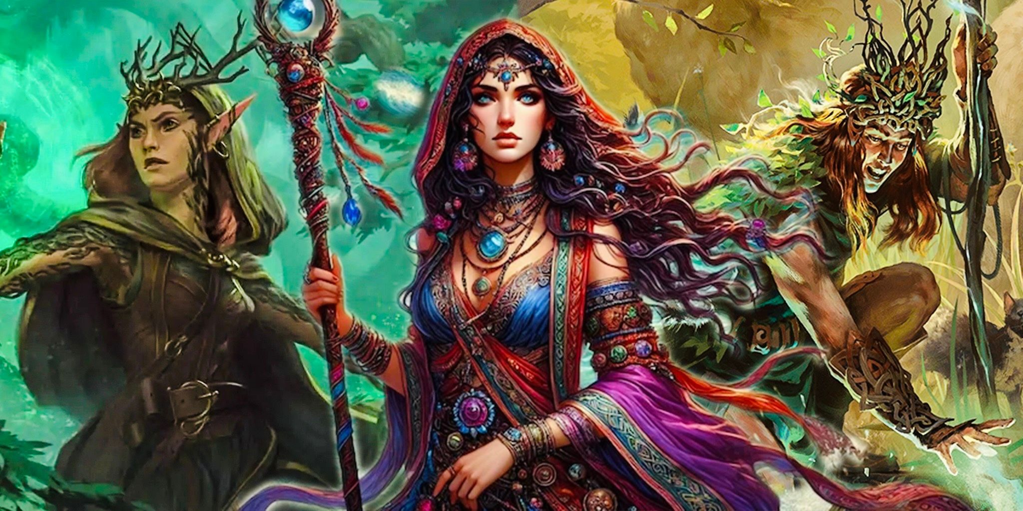 Colorful assembly of Druids channeling nature's power with ornate staffs and mystical auras
