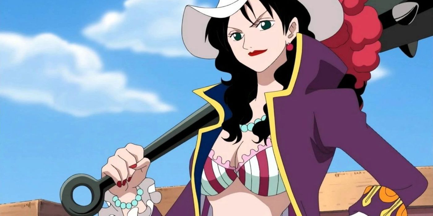 Alvida reveals her new slim appearance to Monkey D. Luffy while holding a spiked club over her shoulder in One Piece.