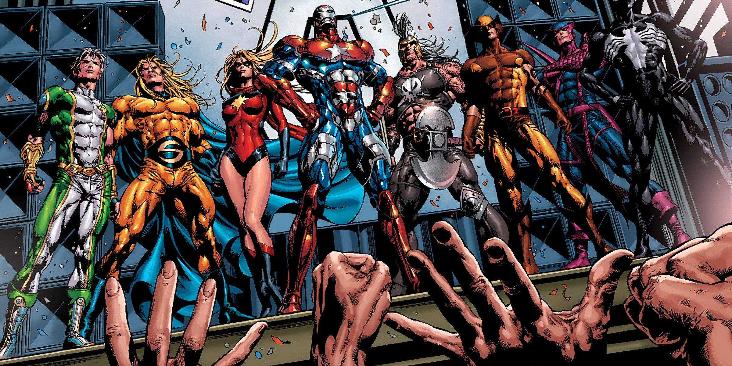 Uma imagem de Dark Avengers mostrando a equipe no palco com uma grande multidão torcendo por eles