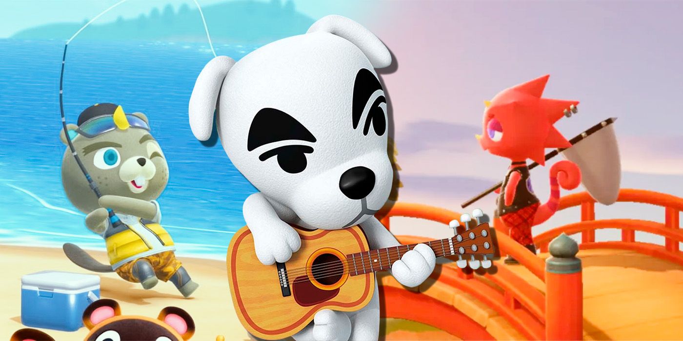  A split image of K.K. Slider, Flick, and CJ from Animal Crossing