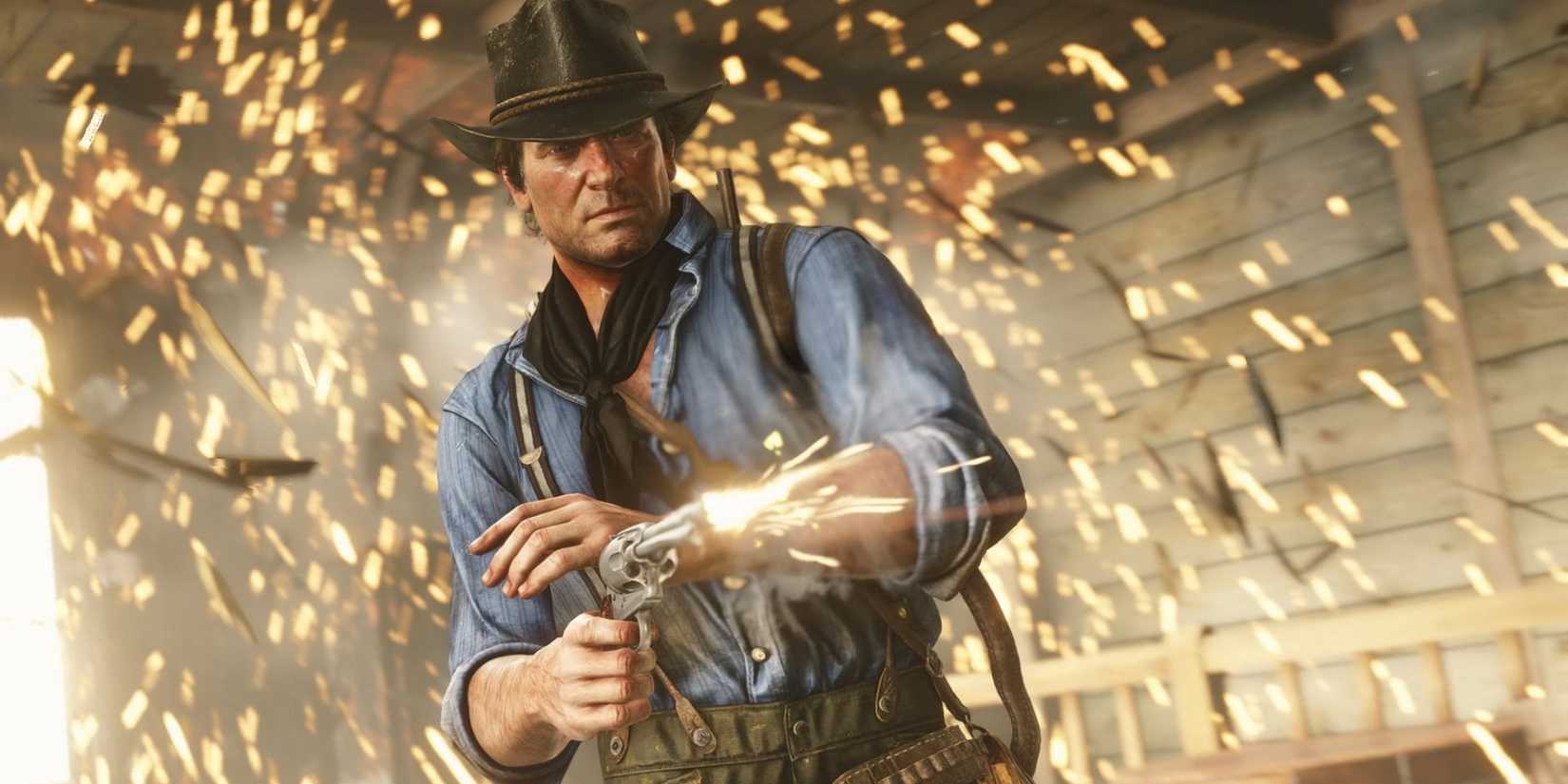 Arthur Morgan wearing a cowboy hat fires his gun as sparks fly in Red Dead Redemption 2