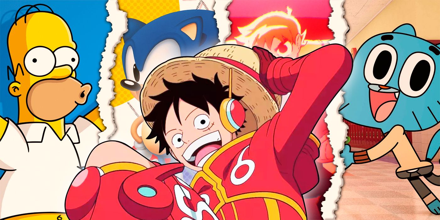Luffy smiling in front, with Homer Simpson, Gumball, Scott Pilgrim (from Scott Pilgrim Takes Off), and Sonic The Hedgehog behind him
