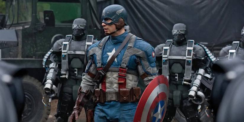 Chris Evans as Captain America about to take out some enemies during World War II.