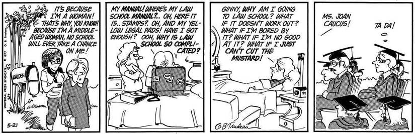 Doonesbury characters gathered around a kitchen table, humorously debating how to split a limited budget among bills and leisure, illustrating the everyday challenges of household budgeting.