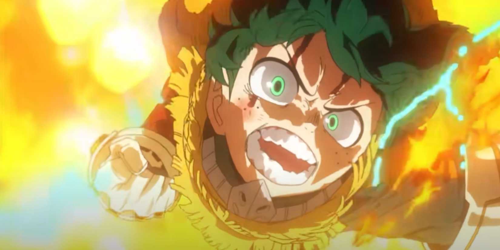 Deku (Izuku Midoriya) prepares a punch while flames explode behind him in My Hero Academia You're Next.