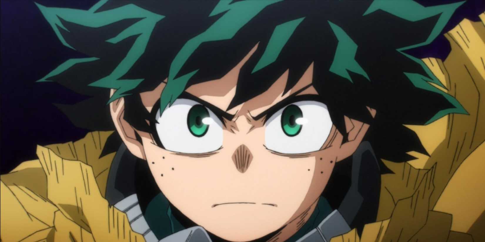 Deku is looking forward to solving while wearing a yellow coat in the anime My Hero Academia.