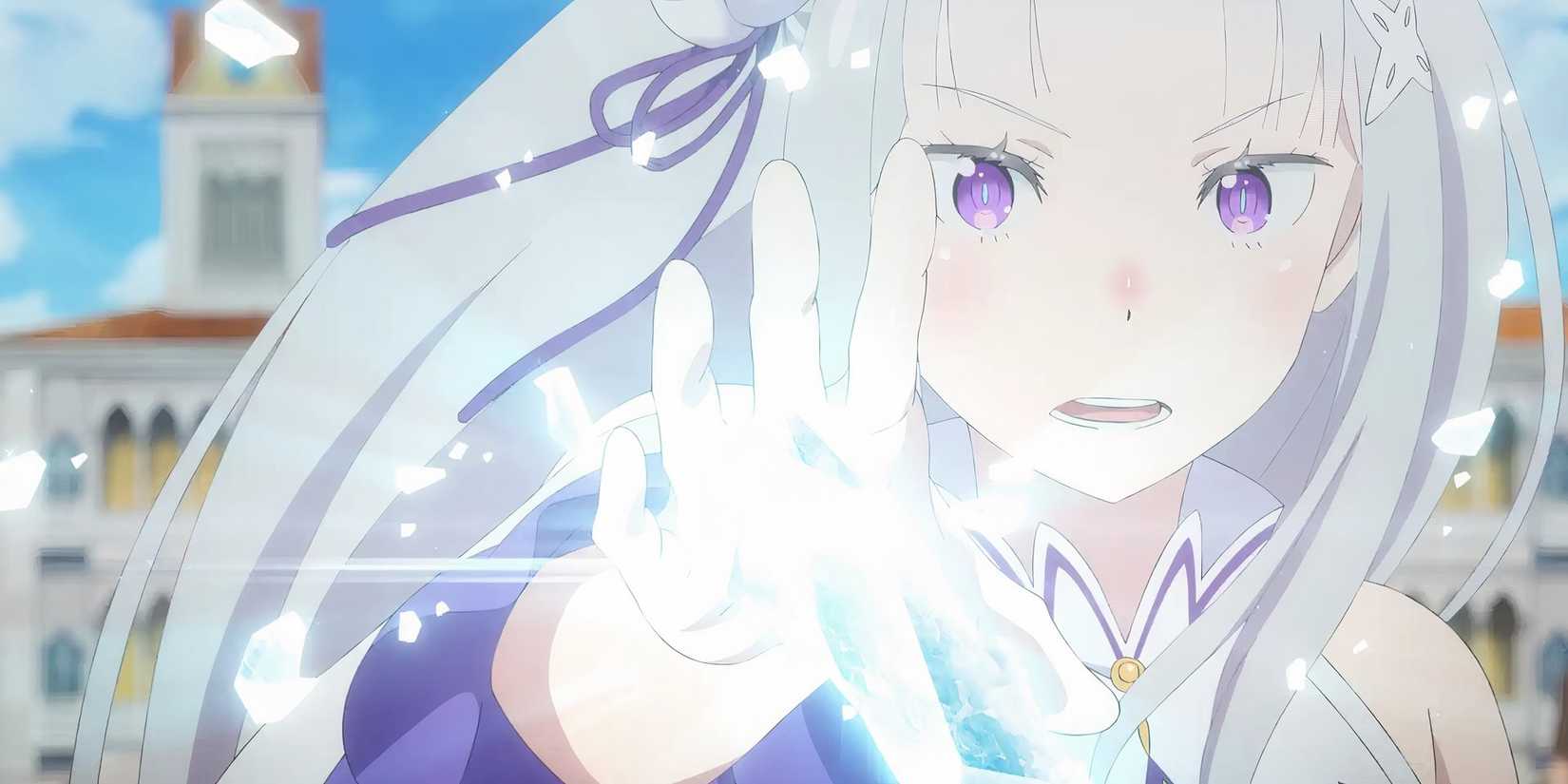 Emilia utilise la magie de la glace avec la main tendue dans l'anime Re:Zero.