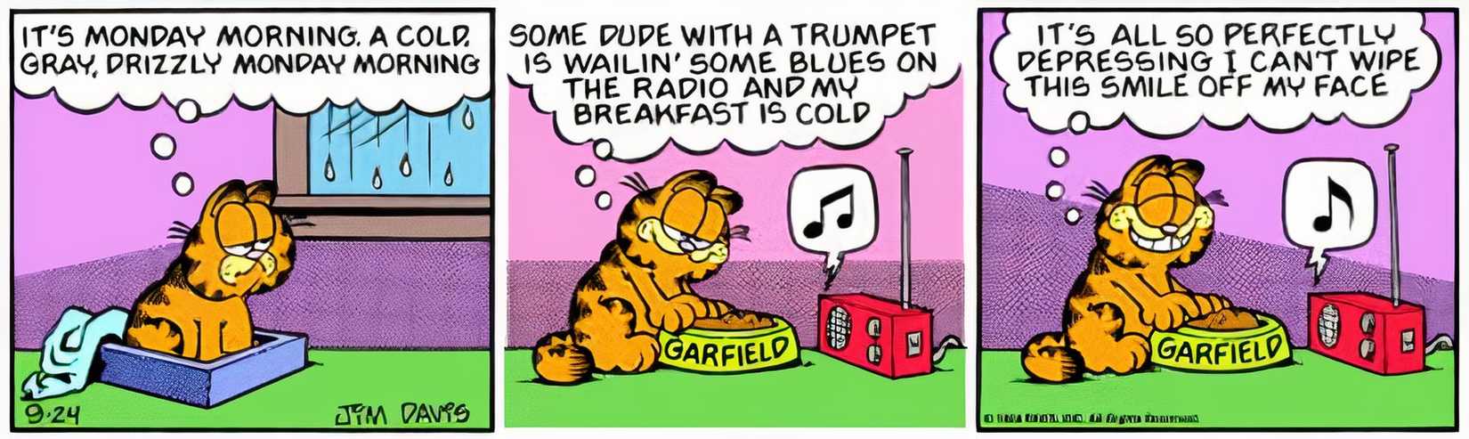 Garfield enjoys a sad day.