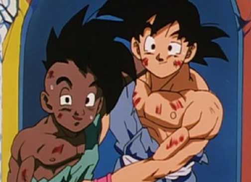 Goku and Uub exit a training session in Dragon Ball GT.