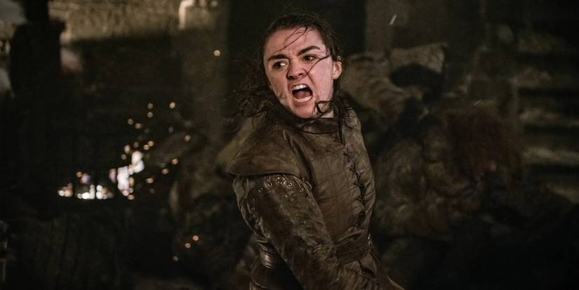 Arya Stark battles white walkers inside the walls of castle Winterfell during the Long Night in Game of Thrones.