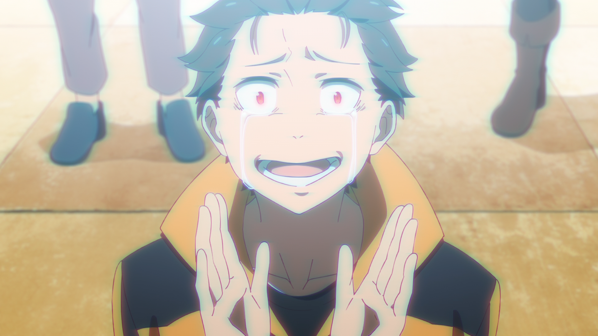 Subaru Natsuki cries and claps his hands in Re:Zero Season 3, Episode 1
