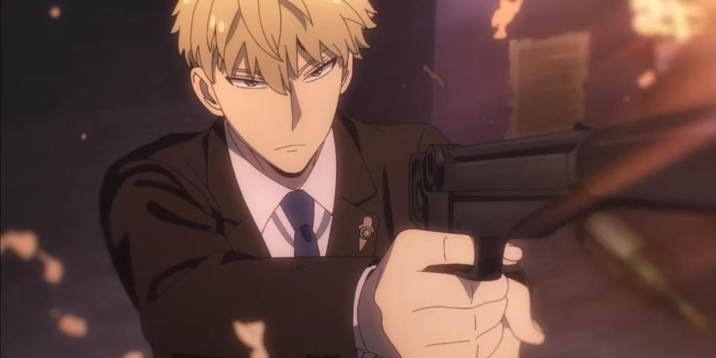 Loids aponta sua arma para seu alvo na família Spy X.