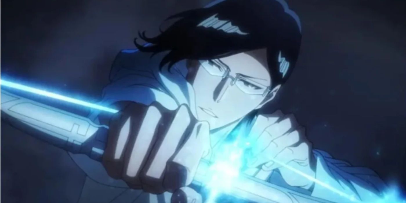 Uryu prepares to shoot Hollows with his Quincy arrow in Bleach: The Thousand-Year Blood War.