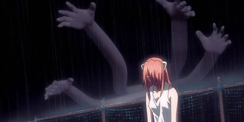 Lucy summons four invisible arms in the rain in Elfen Lied.
