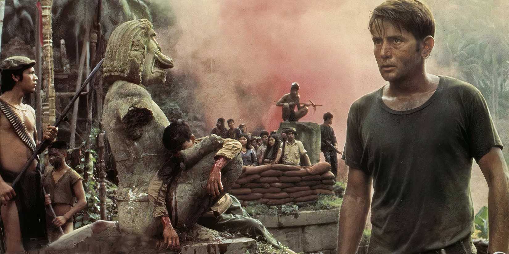 Captain Willard walks past a group of Vietnamese soldiers and civilians in Apocalypse Now.