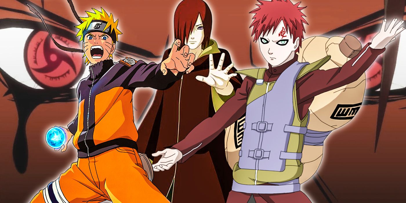 Images of Naruto Uzumaki, Nagato and Gaara, all of whom look ready to fight, are superimposed in front of a close-up image of an Uchiha with an active Sharingan.