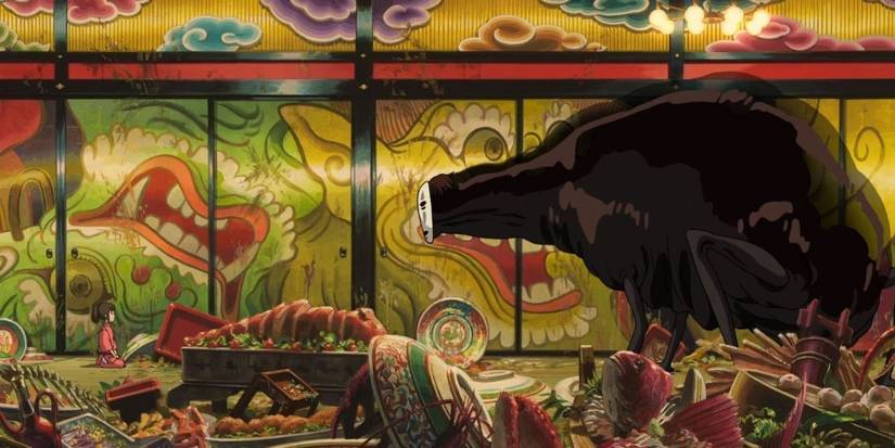Corrupted No-Face is crouching on a pile of food while talking to Chihiro from Spirited Away.