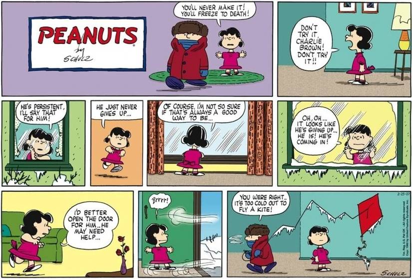 Charlie Brown tries to fly a kite during winter resulting in a frozen kite. 