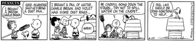 The Peanuts gang cleans Snoopy's house.