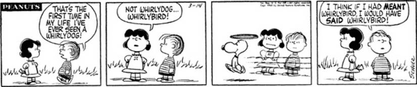 Snoopy uses his ears like helicopter blades, surprising Lucy.