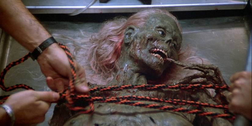 Reanimated corpse tied up in Return of the Living Dead