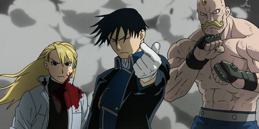 Roy Mustang, Hawkeye and Armstrong prepare to fight in Fullmetal Alchemist: Brotherhood.