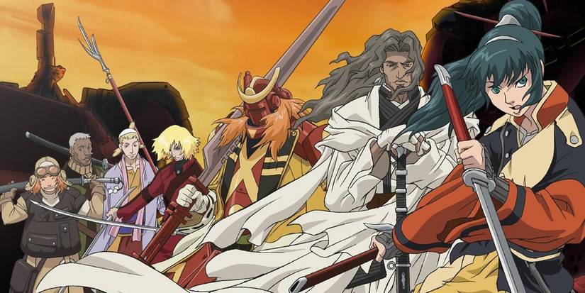 Le casting principal de la série animée Samurai 7 brandissant différents types d'épées et de lances tout en se tenant ensemble.