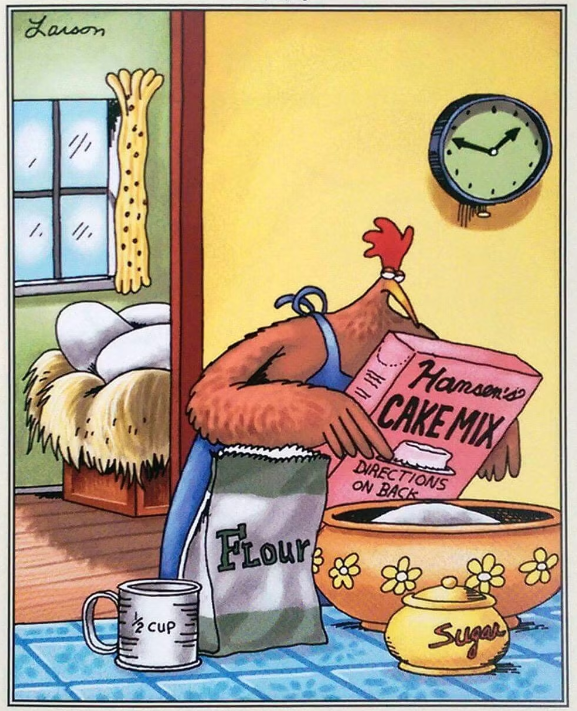 A Chicken gets ready to make a cake, looking over her shoulder at her eggs in Gary Larson's The Far Side.