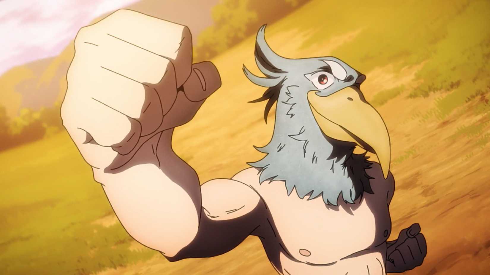 Sunraku with a grin on his face as he rises his hand in victory after a success in Shangri-La Frontier