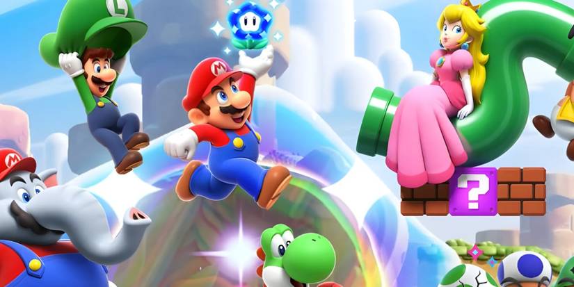 Key art from Super Mario Bros. Wonder featuring a collage of Mario and his friends exploring the colorful Flower Kingdom.