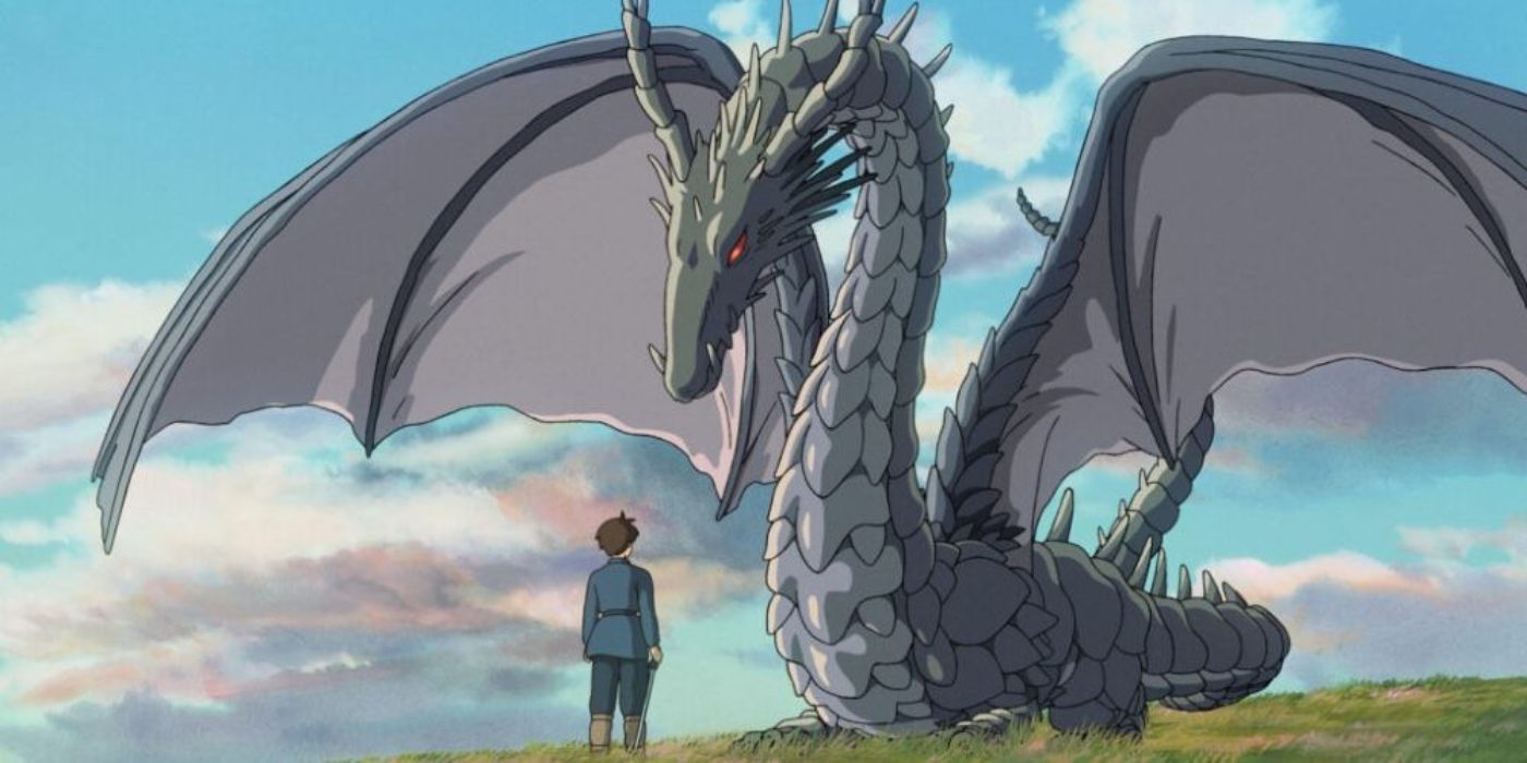 Therru's dragon form in Tales from Earthsea is looming over Arren.