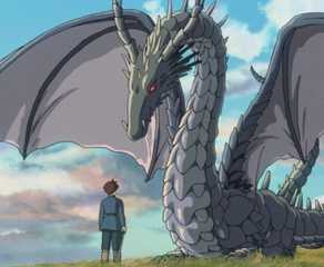Therru's dragon form in Tales from Earthsea is looming over Arren.