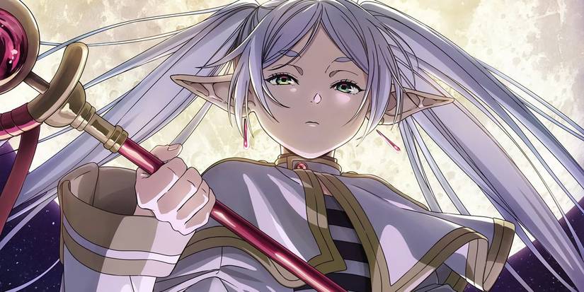 Frieren: Mc Beyond Journey's End holding its magic staff under a full moon.