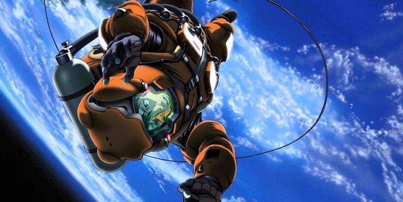 Hachirouta Hoshino reaching out in space, with the Earth below, in Planetes.