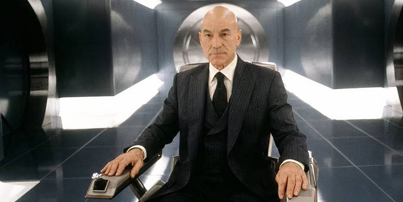 Charles Xavier, played by Patrick Stewart, wearing a black suit in his wheelchair from X-Men movie