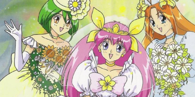 The three magical girls in wedding gowns, holding bouquets, in Wedding Peach.