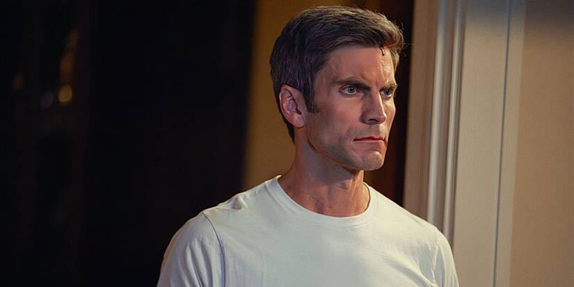 Jamie Dutton, played by Wes Bentley, wearing a white T-shirt and looking away in Yellowstone