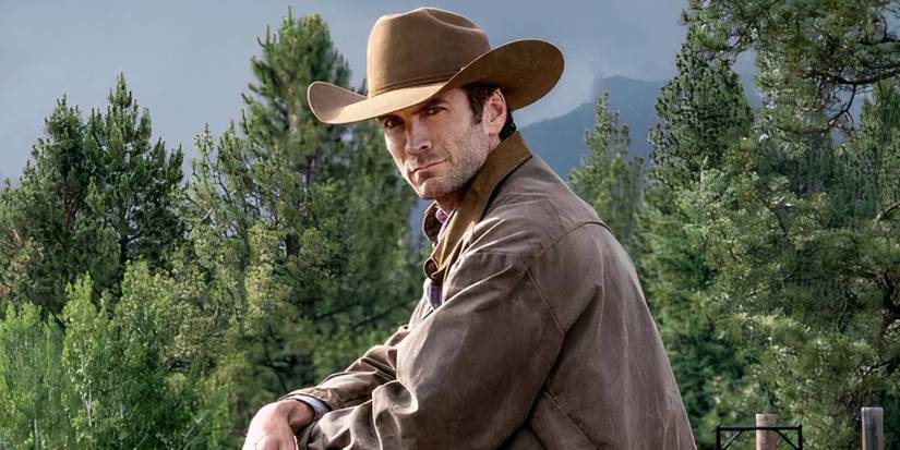 Jamie Dutton, played by actor Wes Bentley, sitting on a horse wearing cowboy gear in Yellowstone