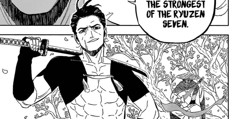 Yosuga Musyogatake of the Ryuzen Seven holding a sword over his shoulder while standing in front of a man playing a shamisen in Black Clover