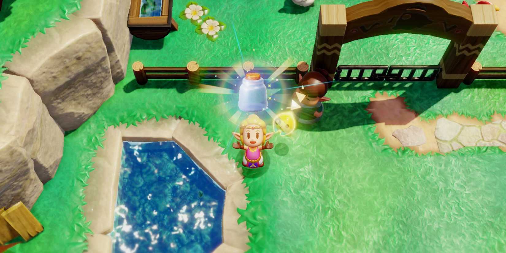 Zelda holds up a Fairy Bottle reward from the Cuccoo Ranch woman in Kakariko Village in The Legend of Zelda: Echoes of Wisdom.