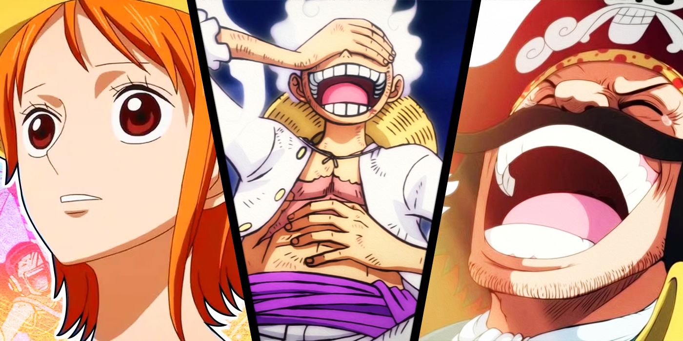 A collage is composed of images of Nami wearing Luffy's Straw Hat, Gol D. Roger laughing, and Gear 5 Luffy lauging. from One Piece.